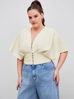 Cider Cream V-Neck Button-Waist Draped Blouse